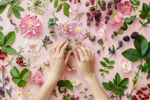 Flat lay. Fresh flowers and female hands on a pink background.