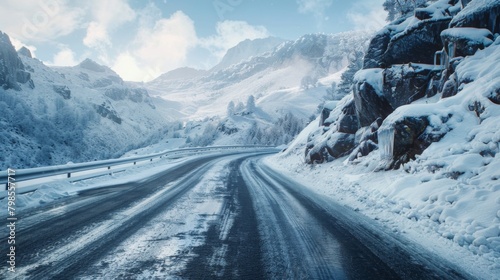 A mountain road covered in snow and ice, a challenging but beautiful landscape for drivers navigating the wintry conditions.