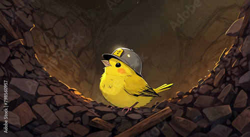 A small Canary bird wearing small miner's hard yellow hat in mine shaft, canary in the coal mine, idiom concept, anime bbird