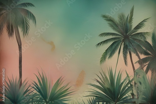 Tropics on the texture on a watercolor background, vintage style in pastel colors, photo wallpaper Generative AI 
