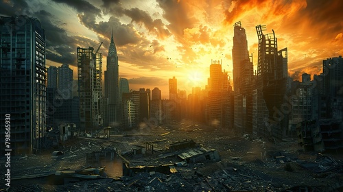 Abandoned broken big city with skyscrapers after a disaster - tornado, earthquake or war. The concept of the end of the world and destruction - apocalypse. copy space for text.