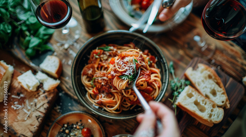 An overhead view of a rustic wooden table set with a traditional Italian meal, featuring a steaming bowl of al dente spaghetti tossed in rich tomato sauce,