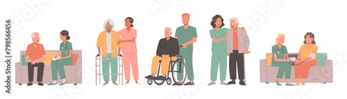 Care for the elderly. Nurses help and care for the health of older men and women in a nursing home or hospital. Vector illustration
