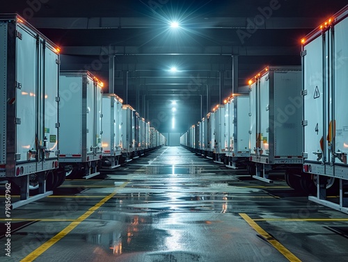 Delivery trucks lined up at a distribution center, ready for dispatch across the country Highly detailed realworld Photography shot