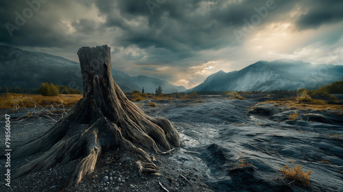 Arid plain landscape with mountains at the horizon and a stump under the stormy sky