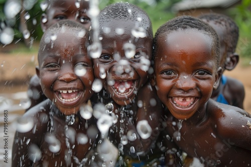 African Children having fun with water from a recently installed water well