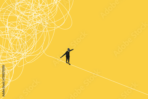 businessman running away from mess chaos line. concept of find solution, thinking process and problem solving