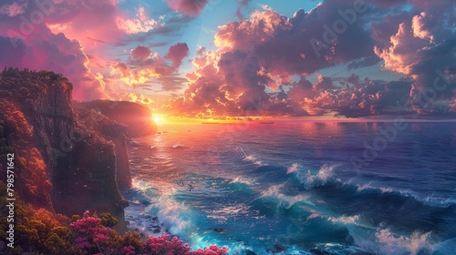 dramatic cliffside sunset, ocean crashing below, vivid colors , Stable Diffusion