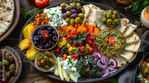 A colorful mezze platter featuring an array of Mediterranean-inspired appetizers such as hummus, tzatziki, falafel, stuffed grape leaves, olives, and roasted vegetables, served with warm pita bread,