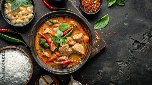 spicy thai curry with pork meat serving with rice and decorating with herbal vegetable ingredients like chili and eggplant on rustic background