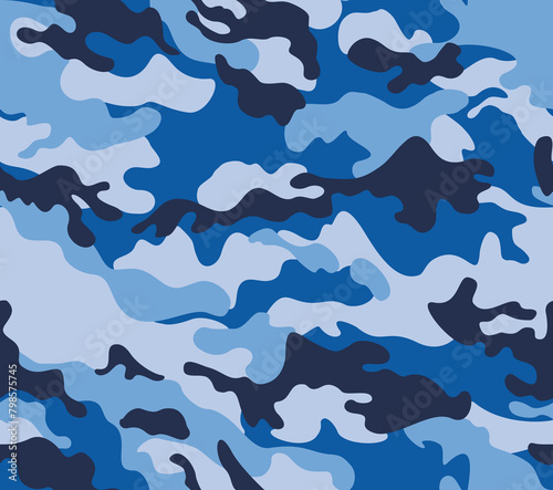  Blue camouflage background vector seamless texture, nautical print, military design