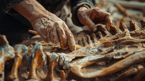 Paleontologist Cleaning Tyrannosaurus Dinosaur Skeleton with Brushes. Archeologists Discover Fossil Remains of New Predator Species. Archeological Excavation Digging Site. Close-up Focus on Hands