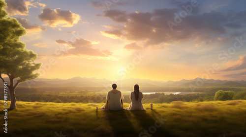 Man and woman worship together in nature, celebrating their faith in God, love. strengthened by faith and hope, pray, guided by their religious beliefs and united in their journey towards God.