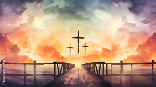 Silhouette of cross against sky at sunset symbolizes bridge between humanity and God in Christian faith, reminding believers of holy presence of Jesus Christ and religious belief and faith.