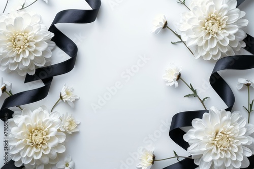 beautiful chrysanthemum flowers and black ribbon on white background, condolence card with copy space for text, Generative AI
