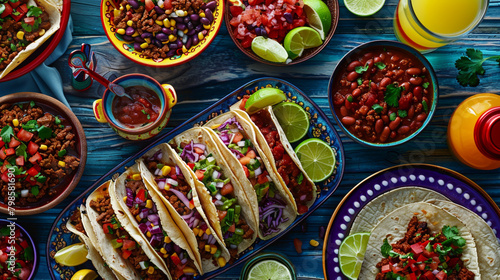 Mexican dishes, including vibrant tacos filled with seasoned meat, fresh salsa, and creamy guacamole, alongside a bowl of spicy chili con carne and a pitcher of refreshing margaritas,