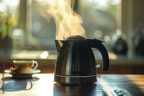 A modern electric kettle boiling water with rapid heating technology for a quick cup of tea.