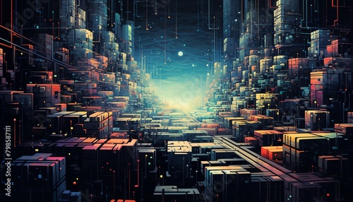 Embark on a journey through digital pixel art, delving into the complexities of the subconscious mind with glitch art elements, seen from a mesmerizing high-angle perspective