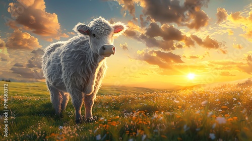 Delight your audience with a panoramic view of a charming, plump cow in a lush meadow under a vibrant sunset, its fluffy fur rendered in photorealistic detail