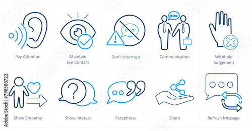 A set of 10 active listening icons as pay attention, maintain eye contact, dont interrupt