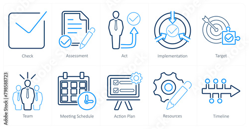 A set of 10 action plan icons as check, assesment, act