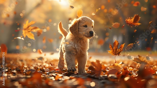 Capture a heartwarming long shot of a fluffy golden retriever puppy playing in a sunlit park