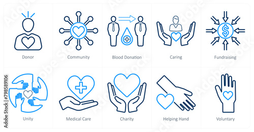 A set of 10 charity and donation icons as donor, community, blood donation
