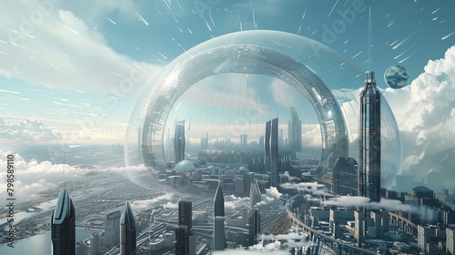 Design a futuristic sci-fi setting where a colossal glass dome encases a bustling metropolis, showcasing advanced CG 3D structures against a backdrop of awe-inspiring virtual skies