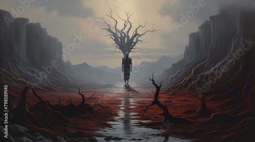 Explore the depths of the human mind through a surrealistic oil painting of a towering, shadowy figure in a vast, desolate landscape
