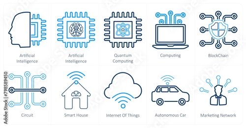 A set of 10 mix icons as artificial intelligence, quantum computing, computing, blockchain