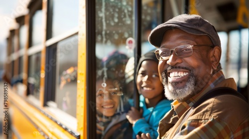 A school bus driver smiling as children board the bus