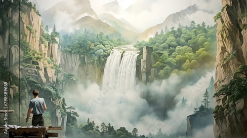 Illustrate an expansive natural landscape featuring a majestic waterfall cascading from a birds eye view among towering cliffs Utilize traditional watercolor medium to create a dreamy and immersive at