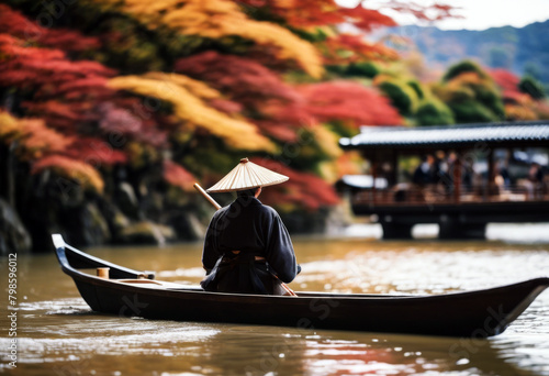 Japan river punting boat Arashiyama Kyoto season autumn river Boatman