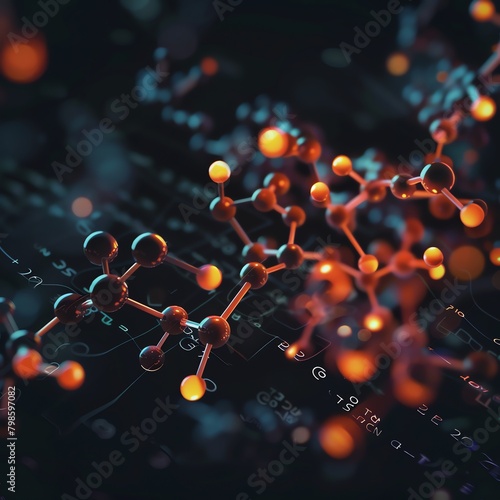 Close-up view of a 3D molecular structure model of a complex molecule, highlighted against a dark background with scientific notations
