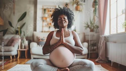 Young adult pregnant black woman practicing yoga at home on mat, African American girl doing hatha yoga asana in modern living room, home workout, AI generated