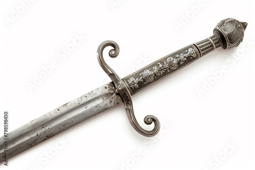 A slender, finely crafted rapier with an engraved guard, isolated on solid white background.
