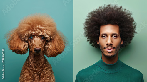 A man with his dog and the dog and the man loon one and the same A poodle with a little fro and a guy with an Afro