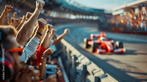 Dynamic image of a diverse group of spectators cheering loudly at a racetrack as a driver speeds by, captured in vibrant colors