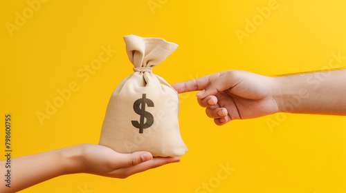 Woman hands hold a money bags in the public park for loans to planned investment in the future concept on yellow background, financial investment, generative ai
