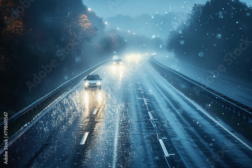 A captivating image of autumn rain and fog on the highway, with the headlights of an oncoming car shining through the mist, creating a mysterious atmosphere for a letterhead 8K , high-resolution, ultr