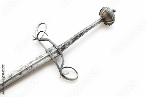 A slender rapier with a basket hilt, isolated on a solid white backdrop.