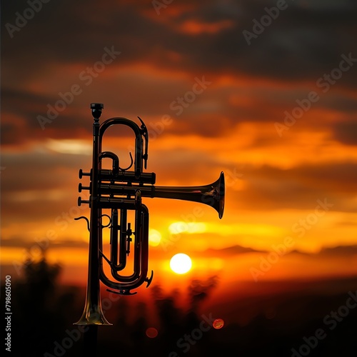 Brass trumpet positioned against a dramatic sunset, silhouette enhancing the elegant curves and design.