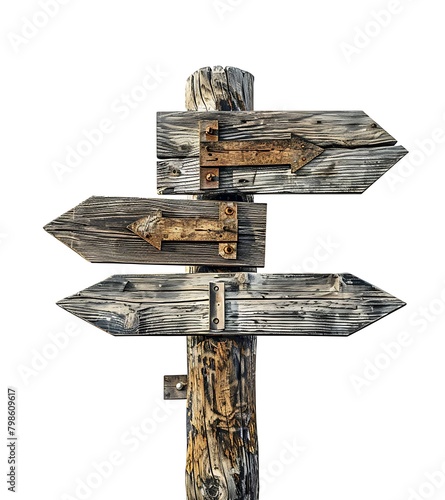A rustic wooden signpost with arrows pointing in different directions, indicating multiple route options on a white background