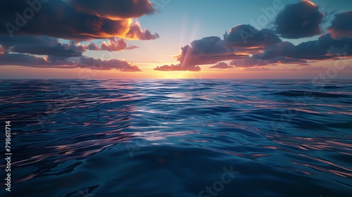 Illustrate a photorealistic scene of a frontal view at dusk on the evening sea
