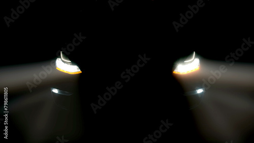 Turned on headlights of a modern, sports car on a black background. Concept of automobile services, advertising of modern cars.