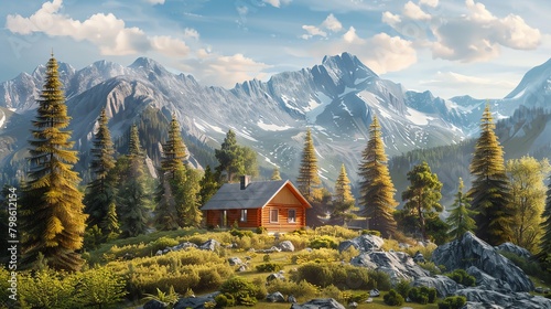 Capture the serene beauty of a lone cabin nestled among towering pine trees