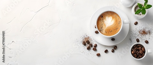 white background with coffee beans and a cup of cappuccino on the right side