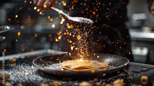 Kitchen and Cooking: A photo of a chef flipping a pancake in a frying pan