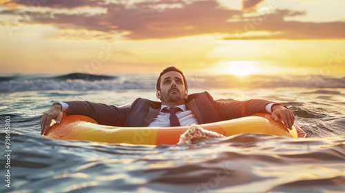 A suited businessman floats on a raft in the vast ocean, clutching a lifebuoy as he navigates through the endless blue waters
