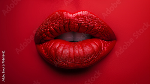 A close-up of red lipstick on a pair of luscious lips against a red background